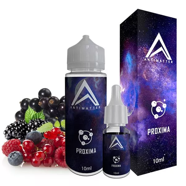 Antimatter Proxima Longfill 30ml Flasche in dunkelblauer Farbgebung, Früchte Wassermelone und Beeren im Hintergrund