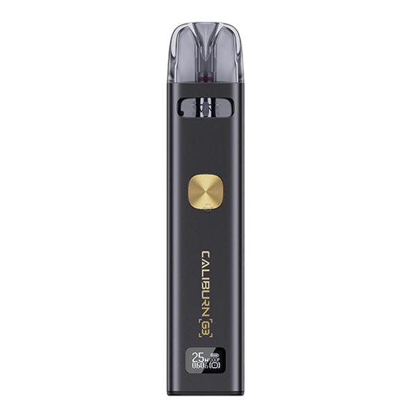 Uwell Caliburn G3 Pod Kit E-Zigarette in Schwarz-Gold, Akkuträger mit goldenem Knopf und eingesetztem Pod