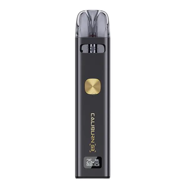 uwell-ccaliburn-g3-neue-farben-3_600x600.jpg Uwell Caliburn G3 Pod Kit E-Zigarette in Schwarz-Gold, Akkuträger mit goldenem Knopf und eingesetztem Pod