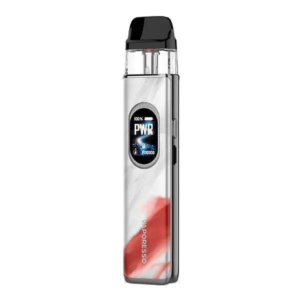 Vaporesso XROS 6 Pod Kit in Rot-Silber mit ovalem Display, schlanke Frontalansicht