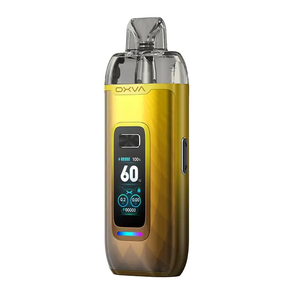 oxva-vprime-pod-kit-5.jpg Oxva VPrime Pod Kit in Gold, Vorderansicht mit Farbdisplay und eingesetztem Pod