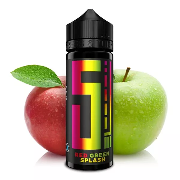 5 Elements Red Green Splash Longfill, schwarze 120ml Flasche mit rotem und grünem Apfel im Hintergrund