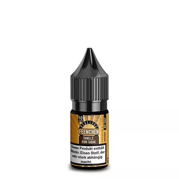 Nebelfee Vanille Rum Tabak Feenchen 10ml Nikotinsalz-Liquid – braune 10ml-Flasche mit rundem goldenen Etikett, Frontalansicht