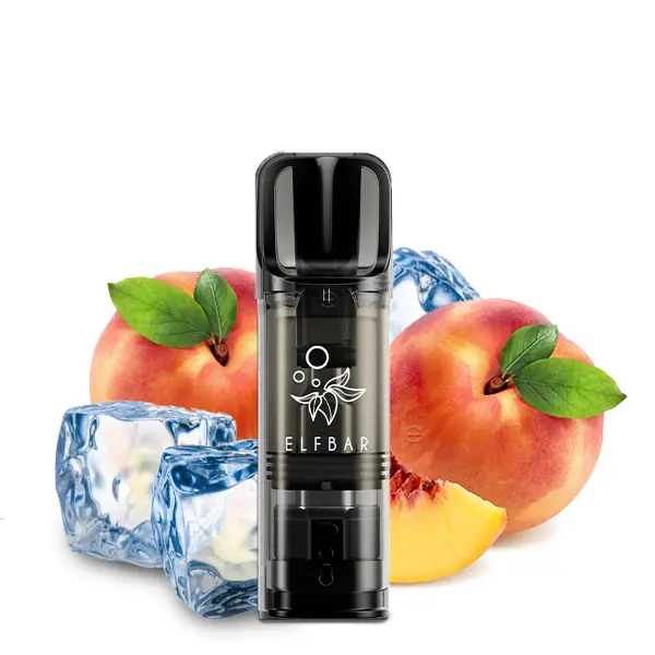 Einzelner schwarzer Elfbar Elfa Prefilled Pod Peach Ice 0mg vor Pfirsich- und Eiswürfel-Hintergrund