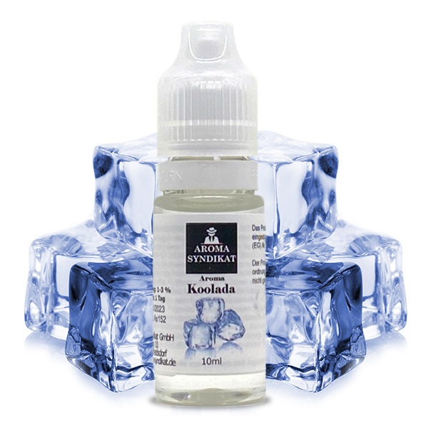 Aroma Syndikat Koolada 10ml Aroma – weißes Fläschchen umgeben von Eiswürfeln auf blauem Hintergrund