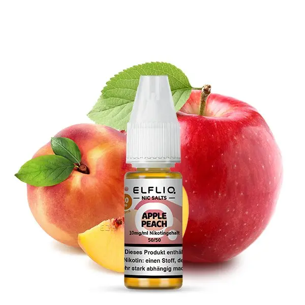 Elfliq Apple Peach Nikotinsalz-Liquid 10ml Flasche mit Apfel- und Pfirsich-Motiv, freigestellt