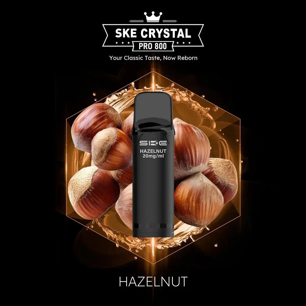 neu-ske-crystal-800-pro-prefilled-pods-matchbar-2-stueck-hazelnut-20mg-ml-steuerware~2.png SKE Crystal 800 Pro Prefilled Pod Hazelnut, 2er-Pack, Produktbild mit Haselnüssen und Verpackung