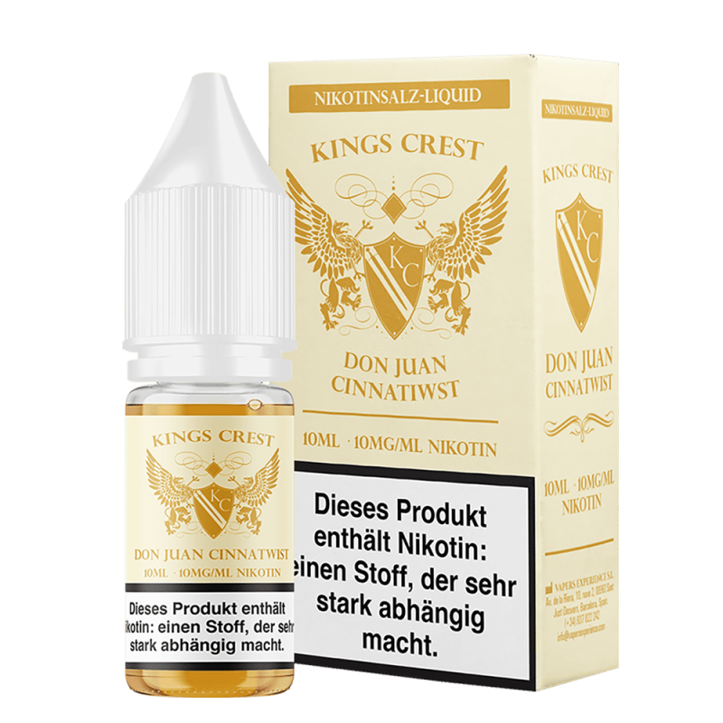 Kings Crest Don Juan Cinnatwist Nikotinsalz-Liquid 10ml Flasche mit goldener Verpackung, Frontansicht