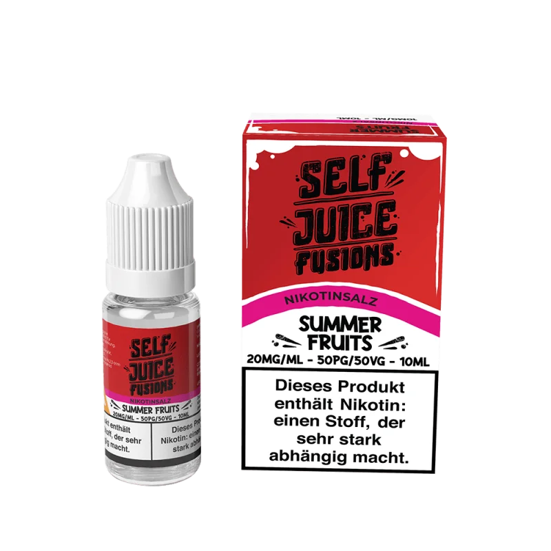 Self Juice Summer Fruits Nikotinsalz-Liquid 10ml – pinkfarbene Flasche mit Verpackungskarton, Seitenansicht
