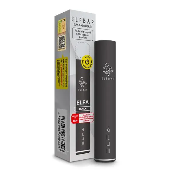 elfbar-elfa-black-2_600x600.jpg Elfbar Elfa CP Basisgerät in Schwarz mit Verpackungskarton, schlankes Pod-System von Elfbar