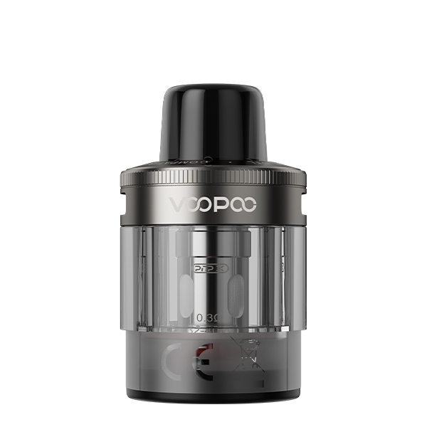 VooPoo PnP X Ersatz-Pod DTL in schwarzer Farbe, transparenter Tank mit sichtbarem Coil, Frontansicht einzeln