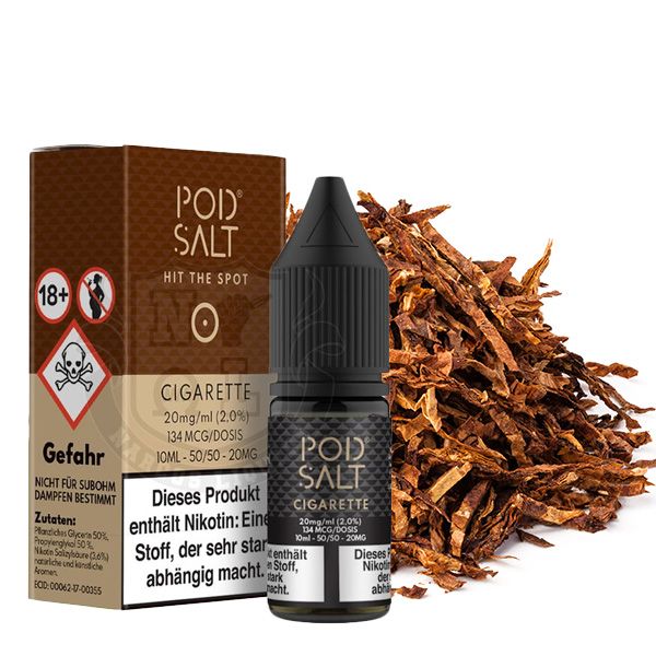 PodSalt Cigarette 10ml Nikotinsalz-Liquid Flasche vor Tabakblättern, braunes Etikett