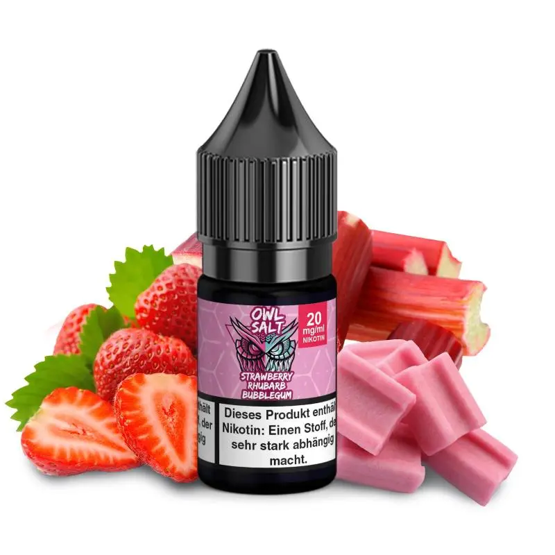 OWL Salt Strawberry Rhubarb Bubblegum Nikotinsalz-Liquid 10ml, pinke Flasche mit Nikotingehalt-Aufkleber