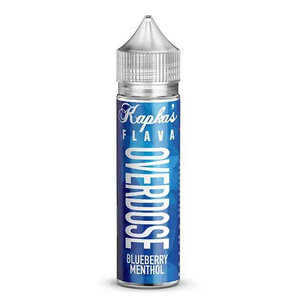 Kapka's Flava Overdose Blueberry Menthol Longfill 60-ml-Flasche mit blauem Etikett, freigestelltes Produktfoto