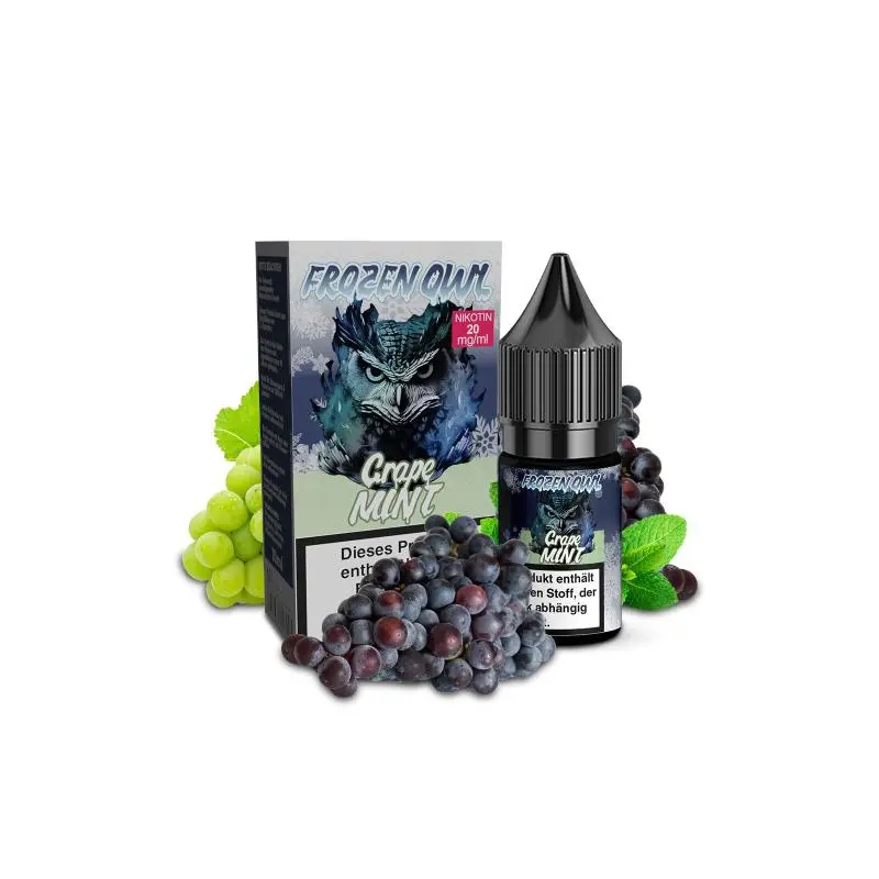 OWL Frozen Grape Mint 10ml Nikotinsalz-Liquid, Flasche und Verpackungskarton mit Trauben-Eulen-Design