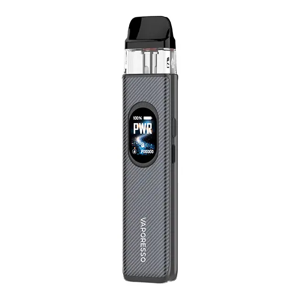 Vaporesso XROS 6 Pod Kit in Grau mit Carbon-Optik, OLED-Display und aufgestecktem Pod, Frontansicht