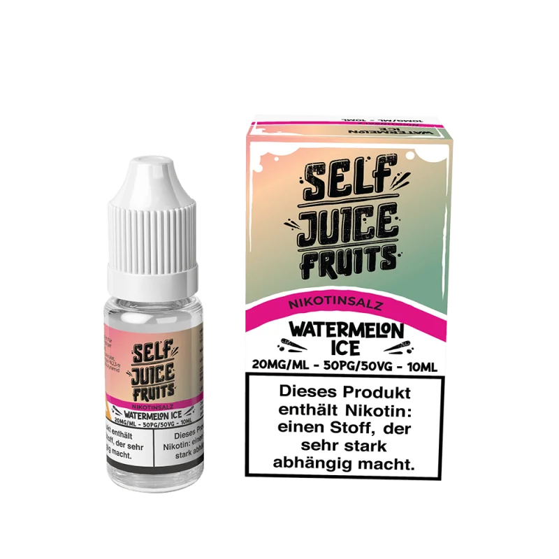 SLFJ207_800x800.png?ts=1751548874 Self Juice Watermelon Ice Nikotinsalz-Liquid 10ml – Flasche mit pinkfarbener Etikette und Karton, Frontansicht