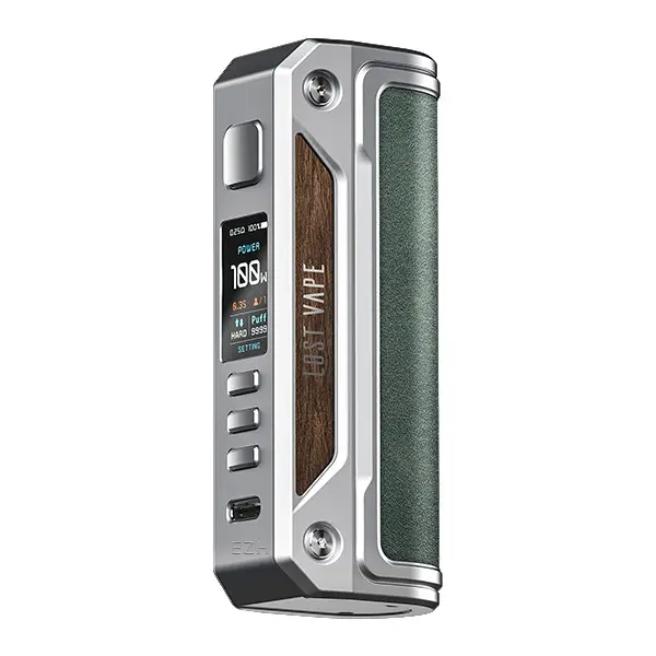 Lost Vape Thelema Solo 100W Akkuträger in Silber-Grün mit Holzdekor-Einsatz und OLED-Display, Frontansicht