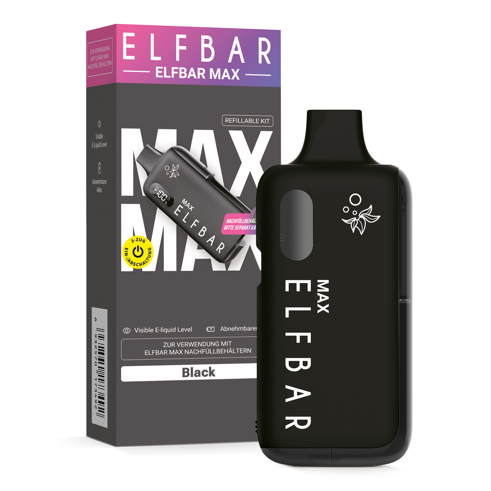 Elfbar Max Kit in Schwarz mit passender Verpackungsbox, Komplett-Set E-Zigarette ohne Nachfüllbehälter