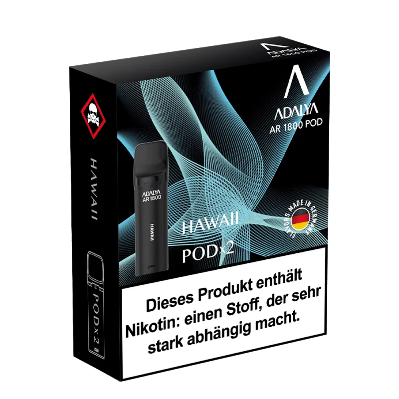 Adalya AR1800 Prefilled Pod Hawaii – dunkelblaue Verpackung mit zwei Pods, Nikotinwarnhinweis