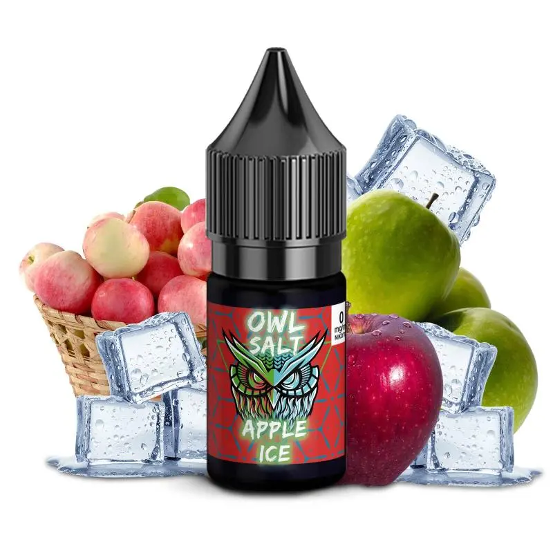 OWL Salt Apple Ice 10ml Nikotinsalz-Liquid – schwarze Flasche mit Äpfeln und Eiswürfeln