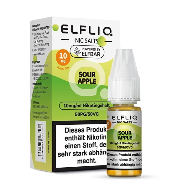 Elfbar Elfliq Sour Apple 10ml Nikotinsalz-Liquid 10mg, grüne Flasche Vorderansicht mit Warnhinweis