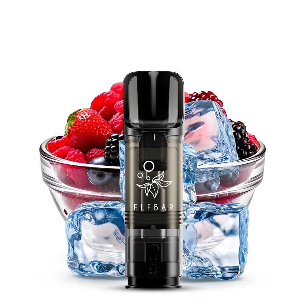 Elfbar Elfa Prefilled Pod Frozen Berries – schwarze Kartusche vor Beeren und Eiswürfeln