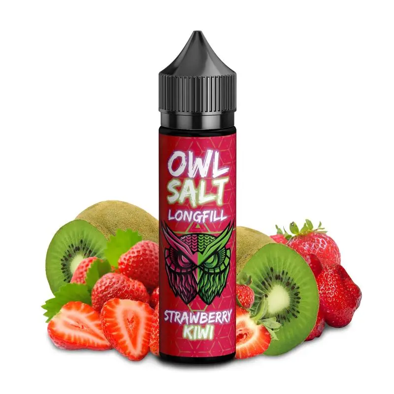 OWL Salt Strawberry Kiwi Longfill 60ml Flasche mit roten Erdbeeren und grünen Kiwis auf rotem Hintergrund