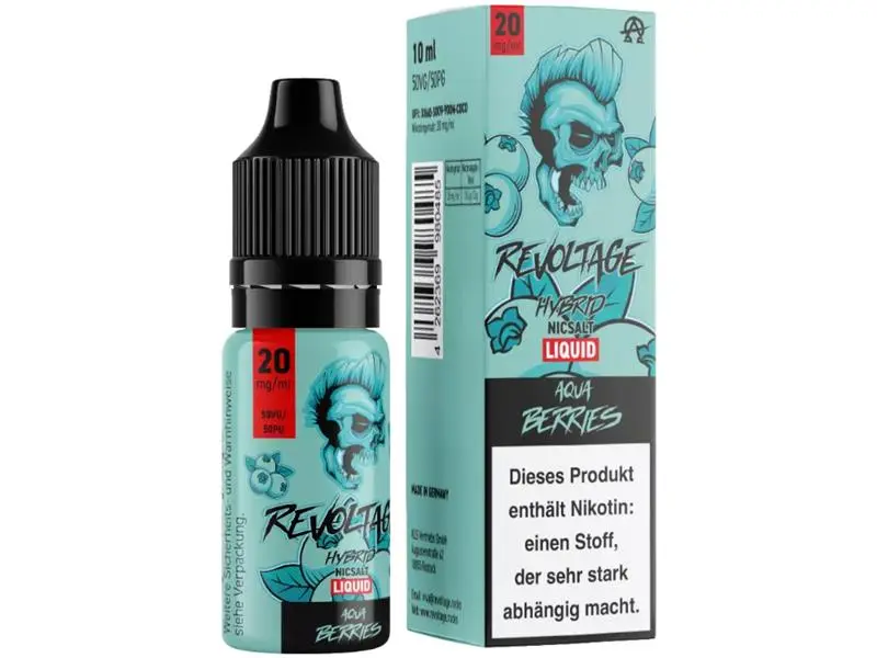 Revoltage Aqua Berries Hybrid-Nikotinsalz-Liquid 10ml Flasche mit türkiser Verpackung, Zombie-Motiv