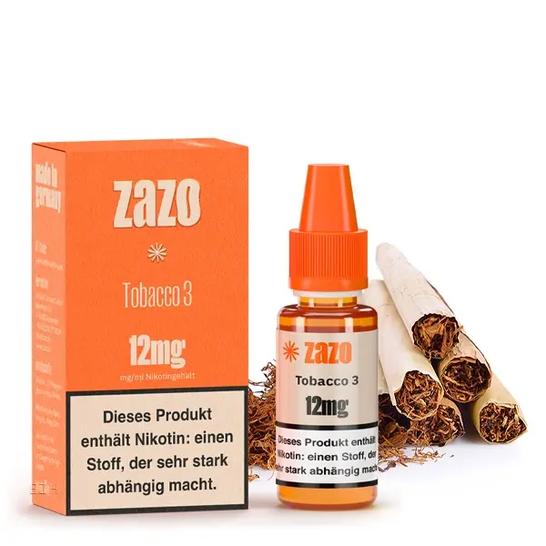 source889867.jpg ZAZO Classics Tobacco 3 eLiquid 10ml in oranger Verpackung mit 12mg Nikotin und Tabakblättern im Hintergrund