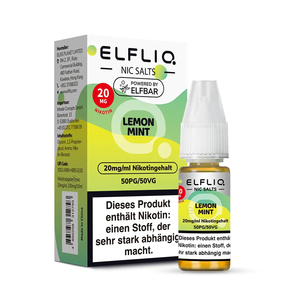 Elfbar Elfliq Lemon Mint 20mg Nikotinsalz-Liquid 10ml Flasche Vorderansicht mit Warnhinweis