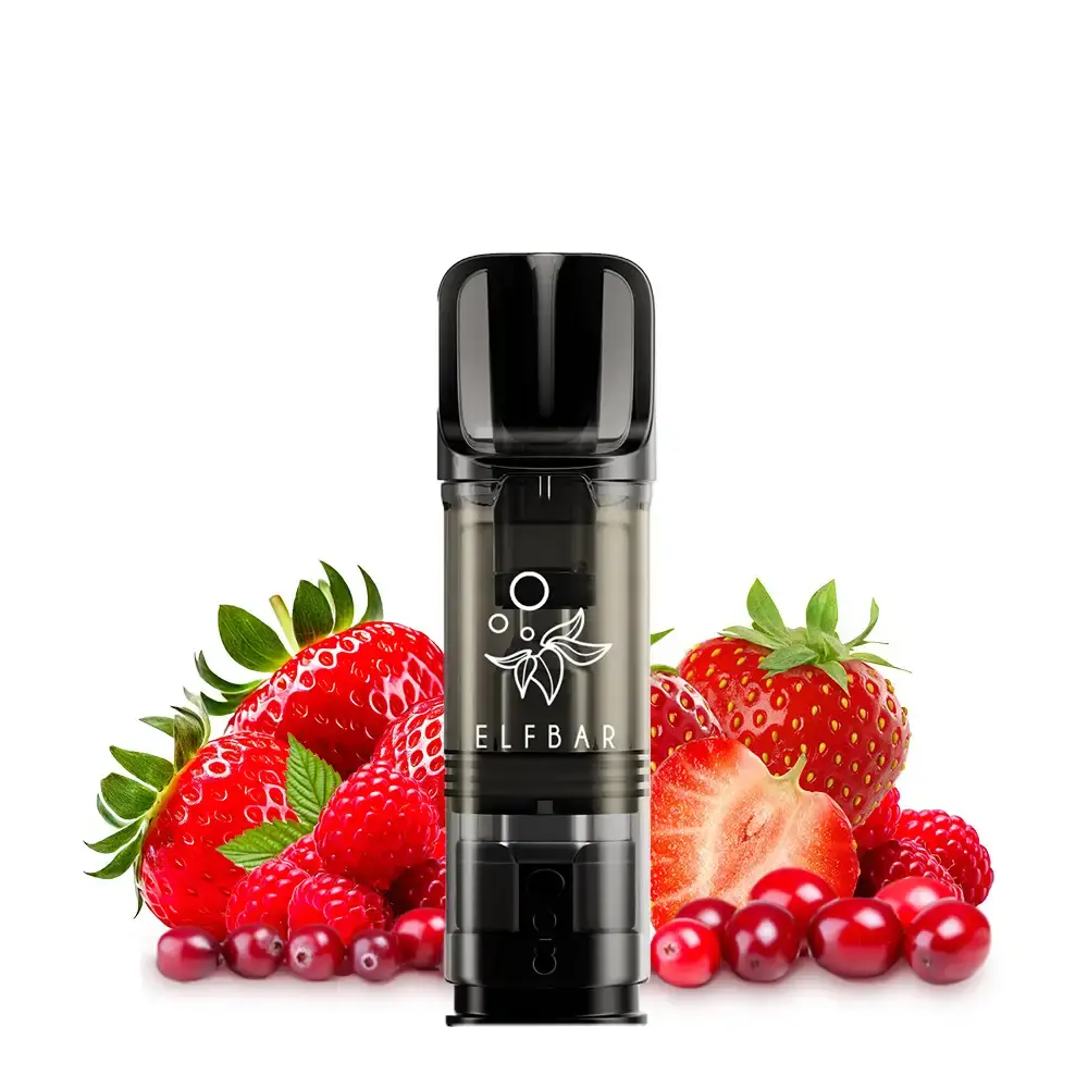 Elfbar Elfa Prefilled Pod Triple Berries – schwarzer Pod vor Erdbeeren und roten Beeren