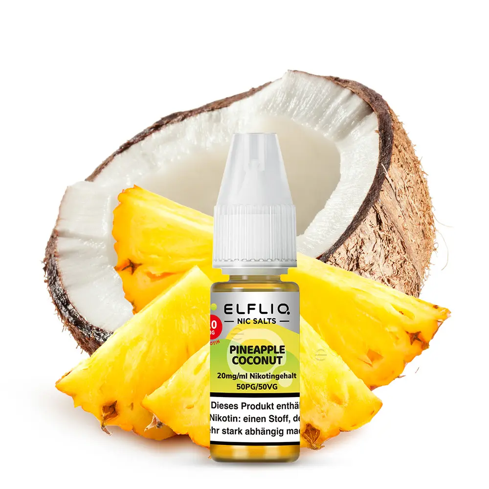 elfliq-pineapple-coconut-2xHgw8wlUJGI0u.jpg Elfliq Pineapple Coconut Nikotinsalz-Liquid von Elfbar – Flasche vor Ananas und Kokosnuss, gelbes Motiv