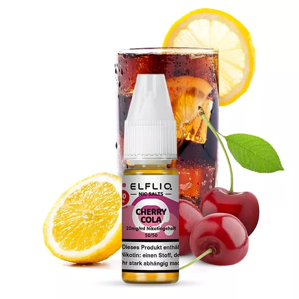 Elfliq Cherry Cola Nikotinsalz-Liquid 10ml Flasche vor Kirsch-Zitronen-Motiv, Elfbar Produktfoto