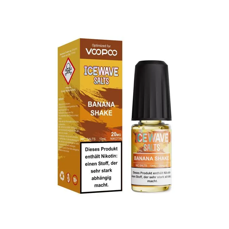 Icewave Salts Banana Shake 10ml Nikotinsalz-Liquid – goldgelbe Verpackung mit Flasche, seitliche Ansicht