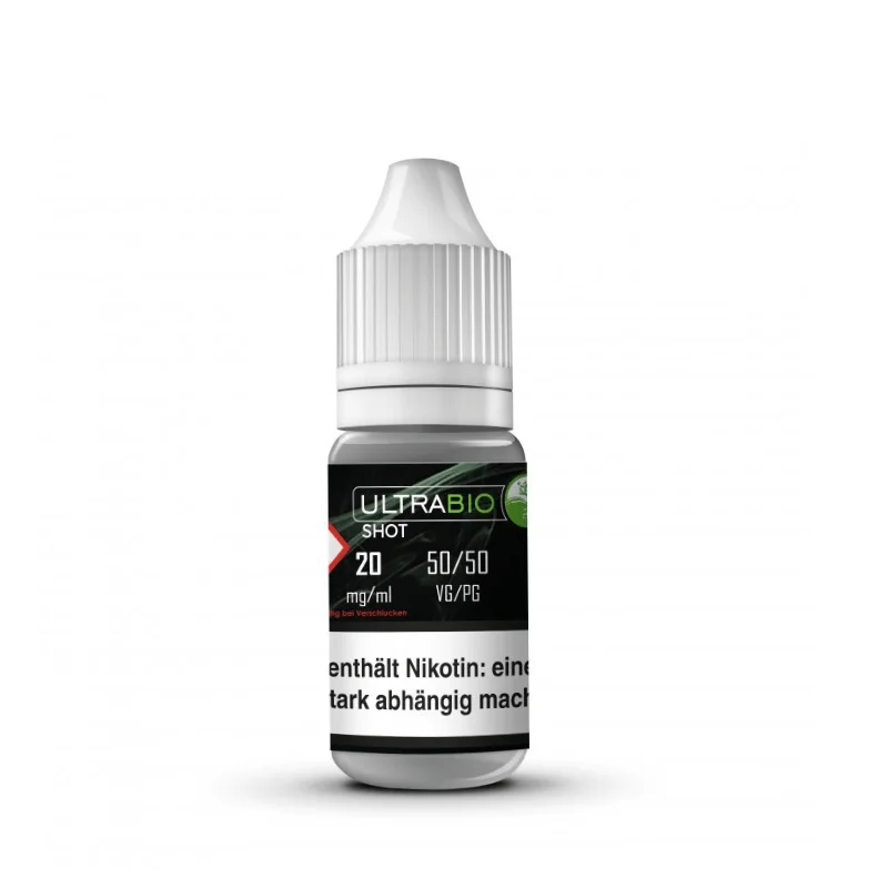 UltraBio Nikotinshot 50/50 20mg/ml – grüne 10ml Flasche mit dunklem Etikett und 20mg-Aufschrift