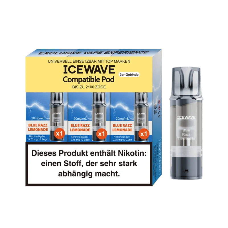 3 blaue Icewave Prefilled Pods auf blau-gelbem Hintergrund – Blue Razz Lemonade