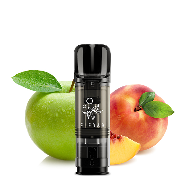 Elfbar Elfa Prefilled Pod Apple Peach 0mg, zwei schwarze Pods mit grünem Apfel und Pfirsich