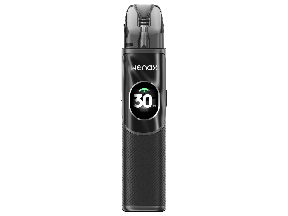 GeekVape Wenax Q2 Kit in Schwarz – schlankes Pod-System mit Wenax-Logo und 30W-Badge, Vorderansicht