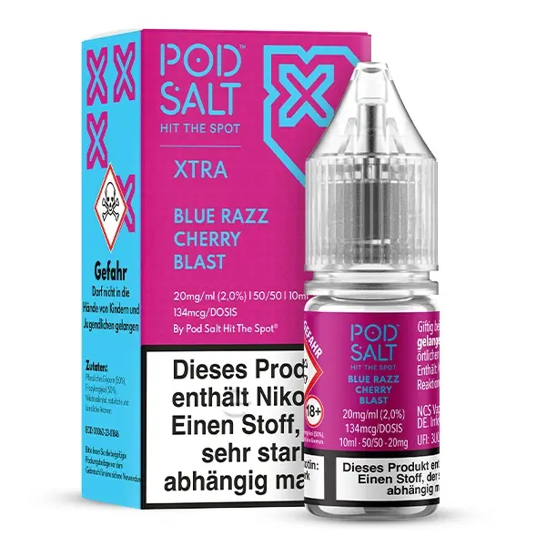 PodSalt Xtra Blue Razz Cherry Blast 10ml Nikotinsalz-Liquid, lila Flasche neben pinker Verpackung mit blau-pinkem Design
