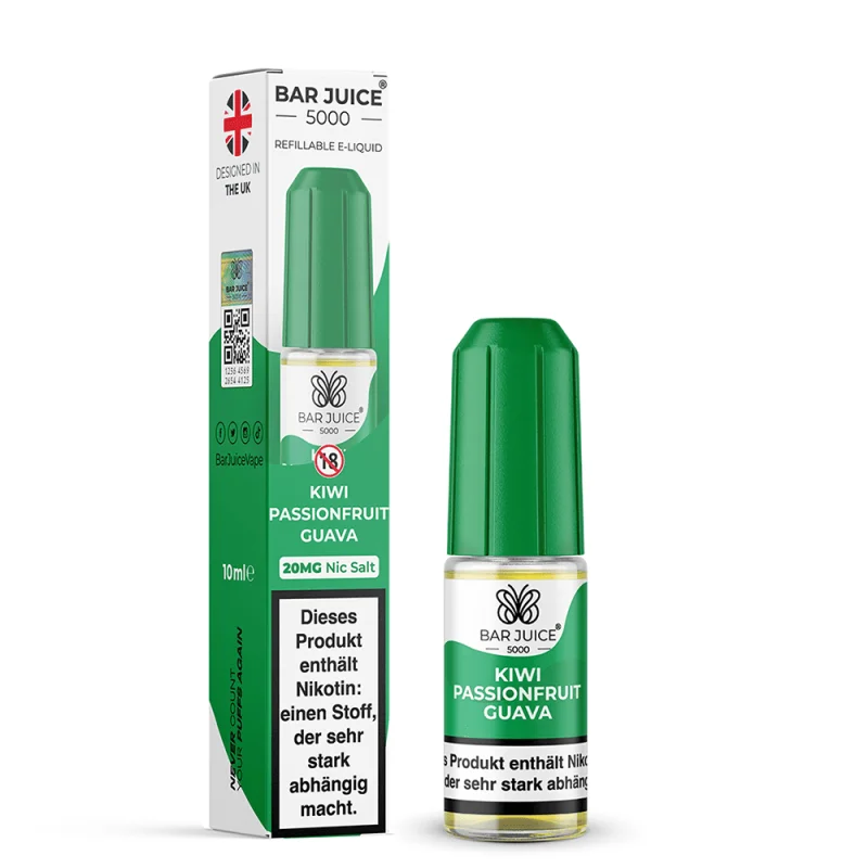 Bar Juice 5000 Kiwi Passionfruit Guava Nikotinsalz-Liquid 10ml – grüne Flasche mit Verpackung, Seitenansicht