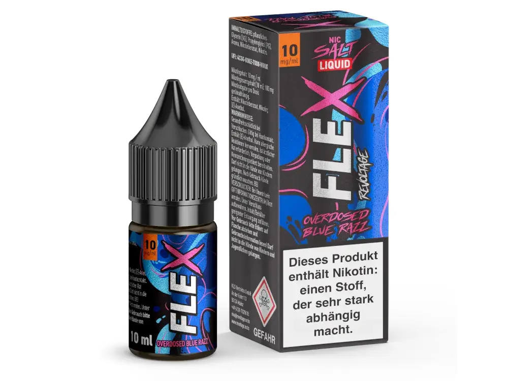 Revoltage-FLEX-Overdosed-Blue_Razz-NicSalt-10-mgml_1000x750.png.png Revoltage Flex Overdosed Blue Razz Nikotinsalz-Liquid 10ml – Flasche mit Verpackung, blaue Gestaltung, 10mg Nikotin