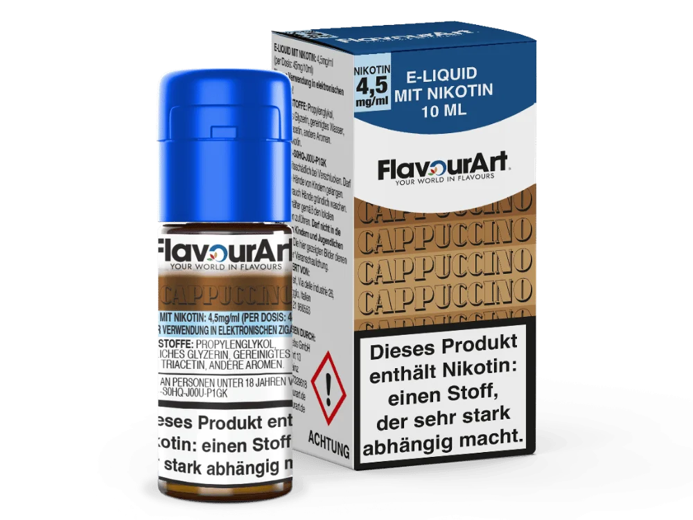 Flavourart Cappuccino 10ml Liquid 4,5 mg/ml – braun-beige Verpackung mit Flasche