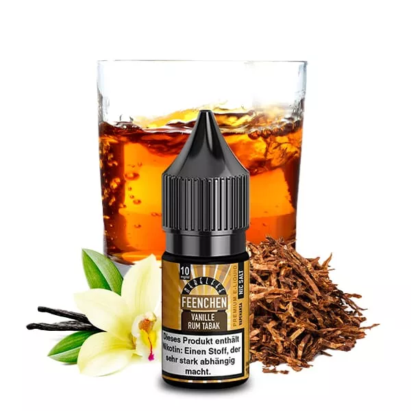 Nebelfee Vanille Rum Tabak Feenchen 10ml Nikotinsalz-Liquid – Flasche mit goldenem Etikett, Rum-Cola-Glas, Vanilleschote und Tabakblätter