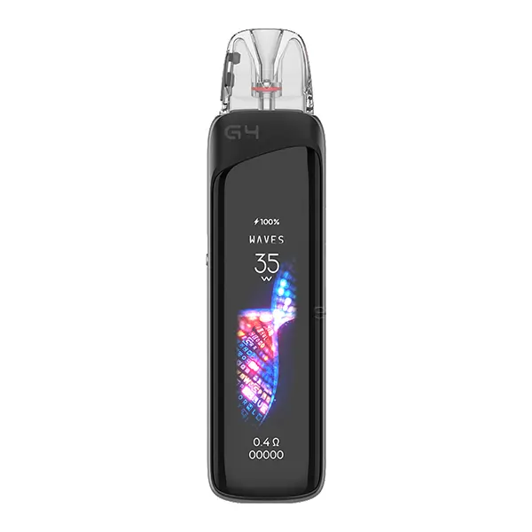 uwell-caliburn-g4-pro-pod-kit-1.jpg Uwell Caliburn G4 Pro Pod Kit in Schwarz-Gold, Seitenansicht mit Display und aufgesetztem Pod