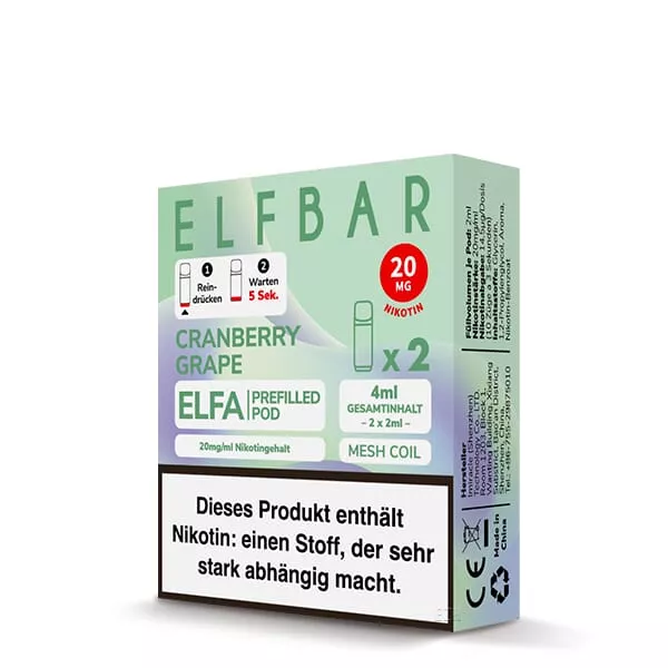 Elfbar Elfa Prefilled Pod Cranberry Grape 20mg/ml, 2er-Packung in weißer Faltschachtel mit lila-grüner Beschriftung
