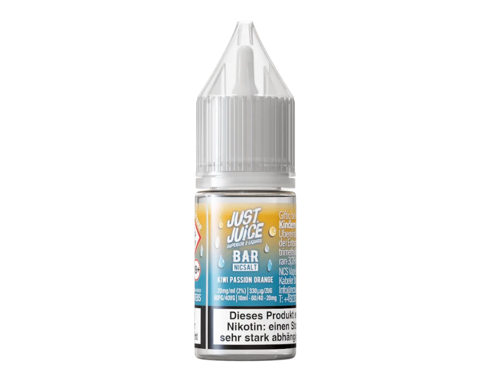 Just Juice Bar Range Kiwi Passion Orange 10ml Nikotinsalz-Liquid – helle Flasche mit blau-gelbem Etikett
