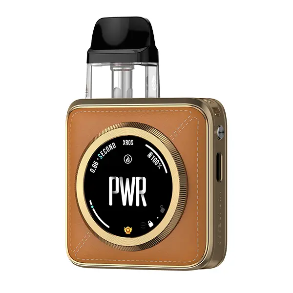 vaporesso-xros-5-nano-8.jpg Vaporesso XROS 5 Nano Pod Kit in Orange Leatherette mit goldfarbenem Rahmen und PWR-Display