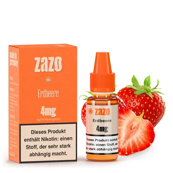 ZAZO Classics Erdbeere 4mg eLiquid – orangefarbene Verpackung mit Flakon und Erdbeere-Motiv, 10ml
