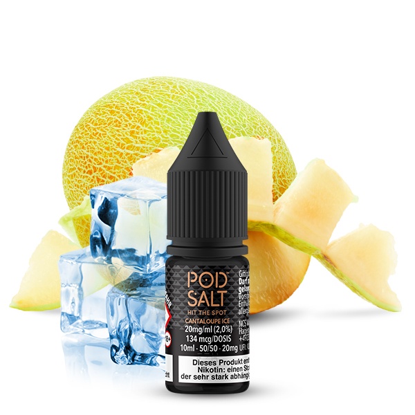PodSalt Cantaloupe Ice 10ml Nikotinsalz-Liquid Flasche vor frischer Melone und Eiswürfeln